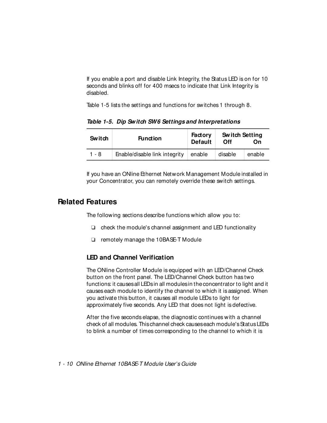 3Com 5108M-TP manual Related Features, Dip Switch SW6 Settings and Interpretations, Enable 