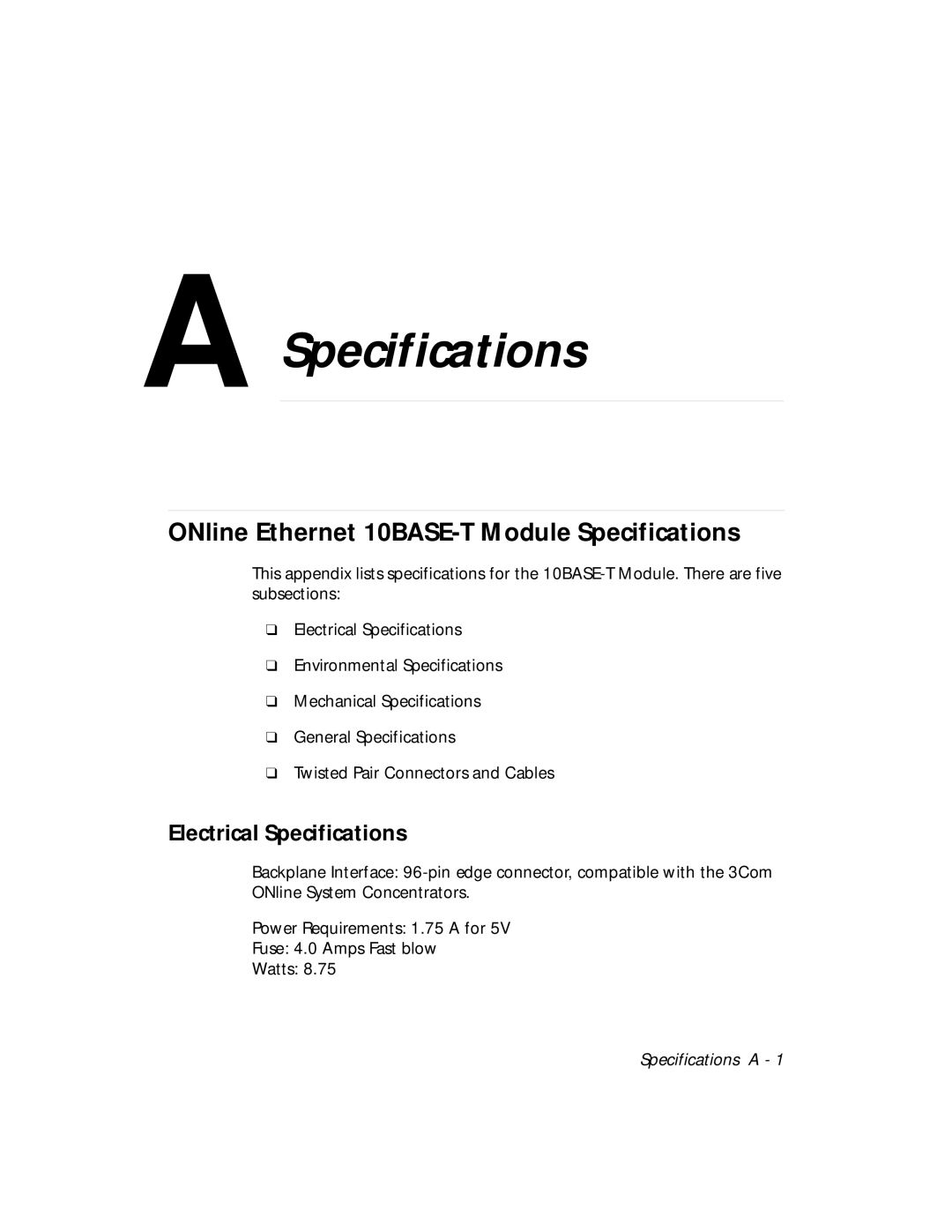 3Com 5108M-TP manual ONline Ethernet 10BASE-T Module Specifications, Electrical Specifications 