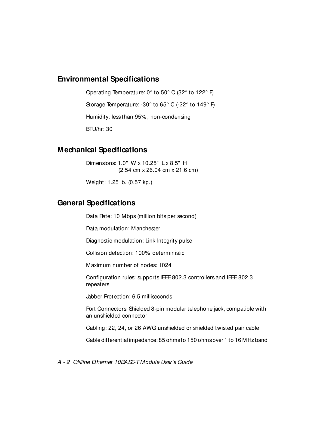 3Com 5108M-TP manual Environmental Specifications, Mechanical Specifications, General Specifications 