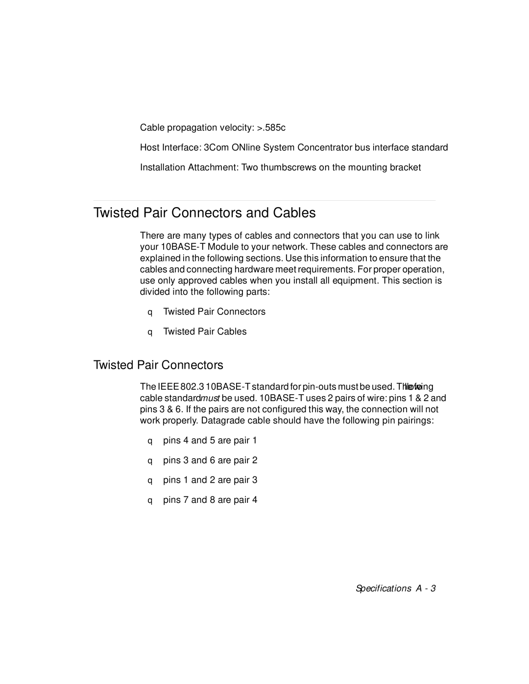 3Com 5108M-TP manual Twisted Pair Connectors and Cables 