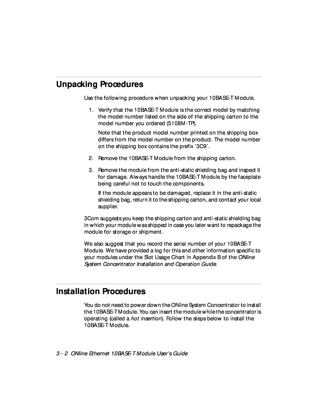 3Com 5108M-TP manual Unpacking Procedures, Installation Procedures 