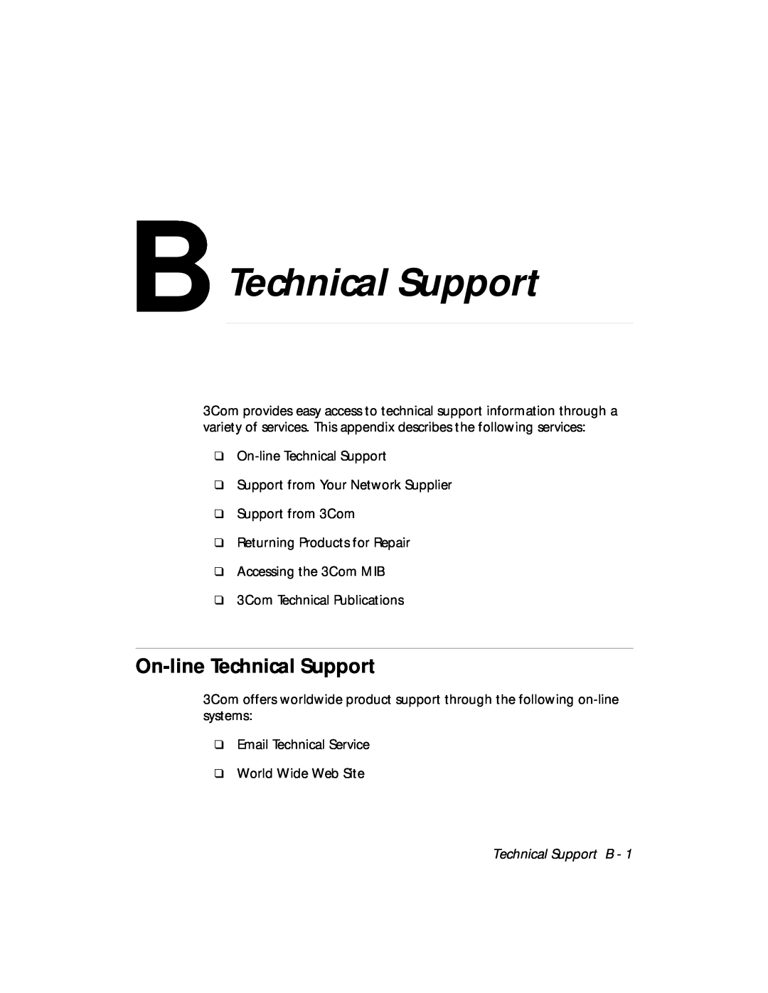 3Com 5108M-TP manual B Technical Support, On-line Technical Support 