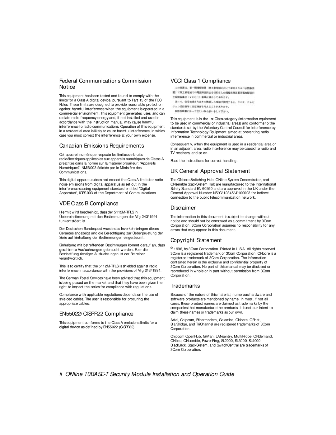 3Com 5112M-TPLS installation and operation guide VDE Class B Compliance 