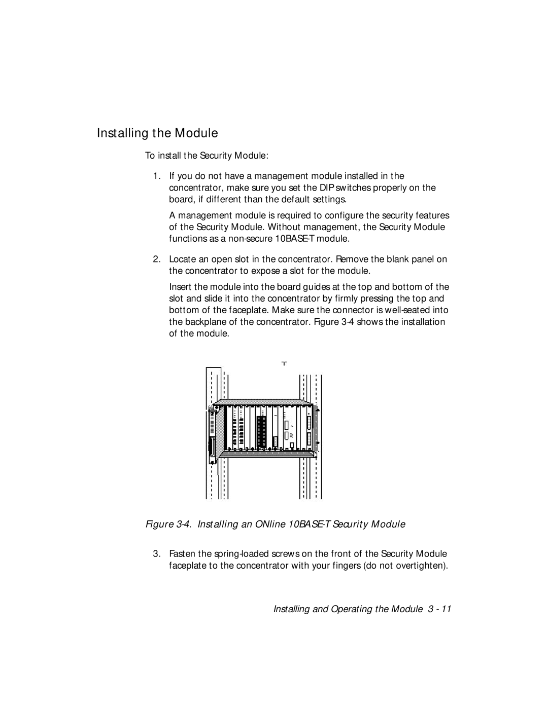 3Com 5112M-TPLS installation and operation guide Installing the Module, Installing an ONline 10BASE-T Security Module 