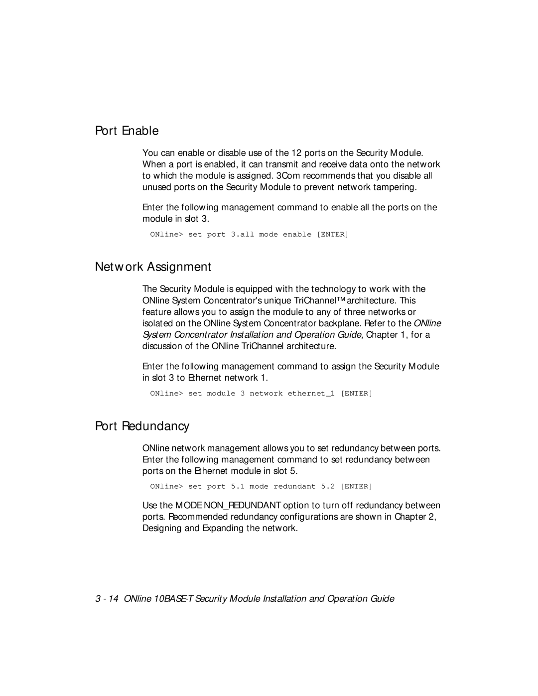 3Com 5112M-TPLS installation and operation guide Port Enable, Network Assignment, Port Redundancy 