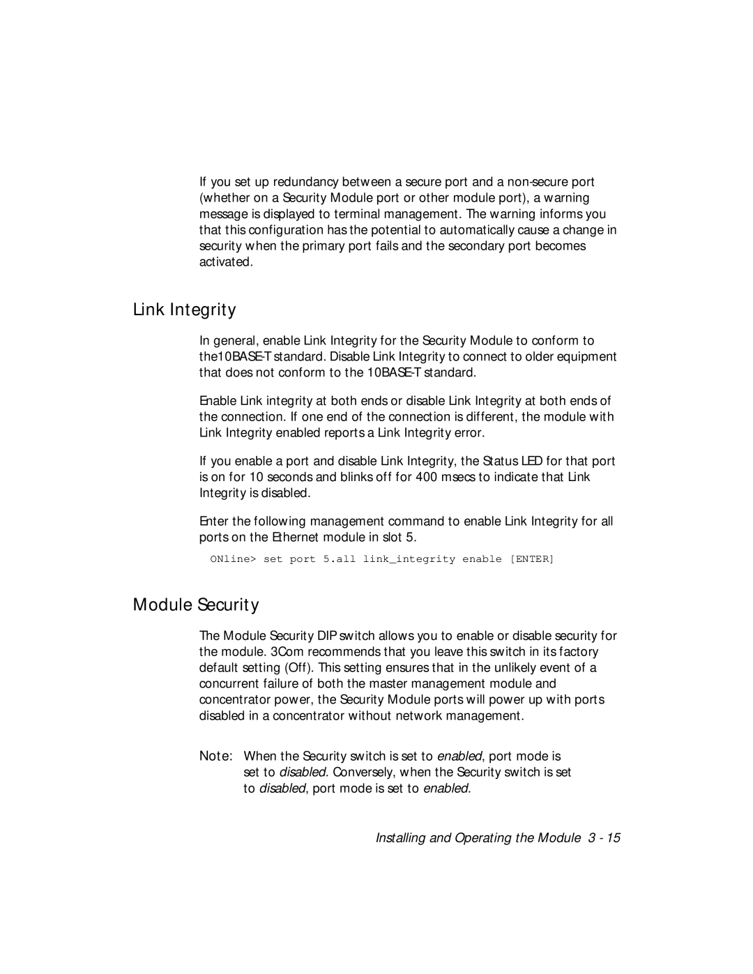 3Com 5112M-TPLS installation and operation guide Link Integrity, Module Security 