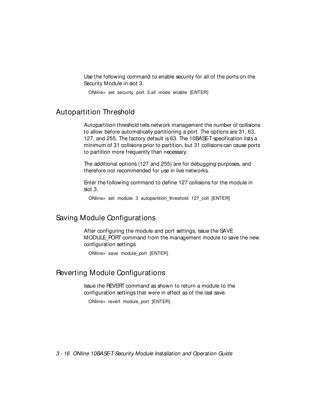 3Com 5112M-TPLS Autopartition Threshold, Saving Module Configurations, Reverting Module Configurations 