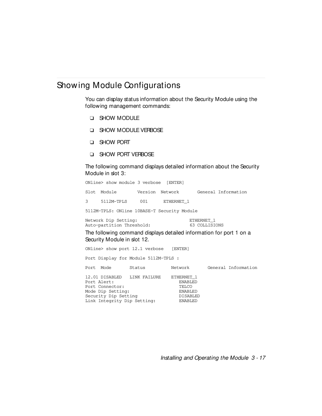 3Com 5112M-TPLS Showing Module Configurations, Show Module Show Module Verbose Show Port Show Port Verbose 