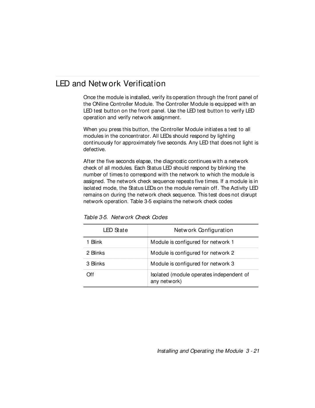 3Com 5112M-TPLS LED and Network Verification, Network Check Codes, LED State Network Configuration 