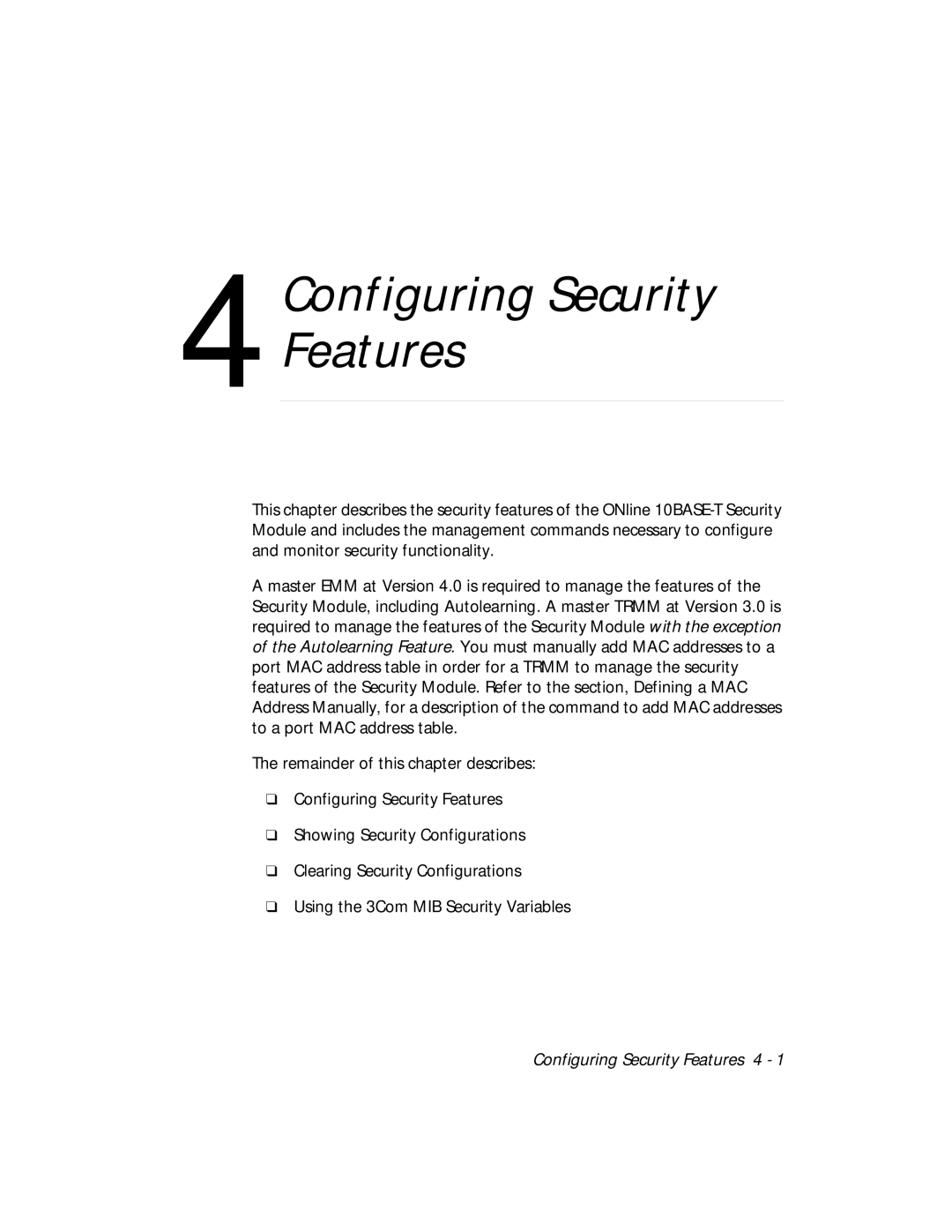 3Com 5112M-TPLS installation and operation guide Configuring Security Features 