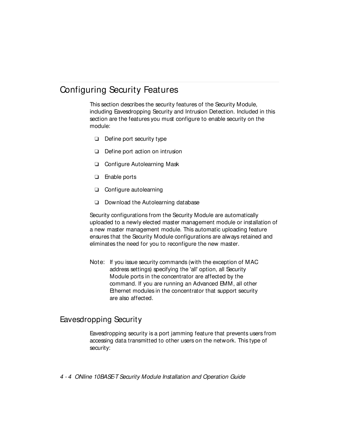 3Com 5112M-TPLS installation and operation guide Configuring Security Features, Eavesdropping Security 