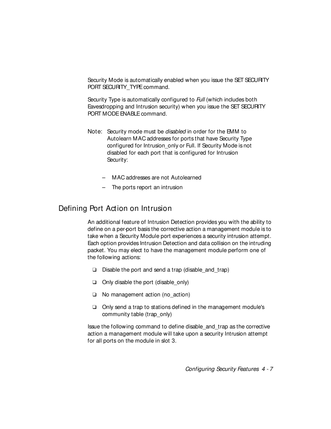 3Com 5112M-TPLS installation and operation guide Defining Port Action on Intrusion 