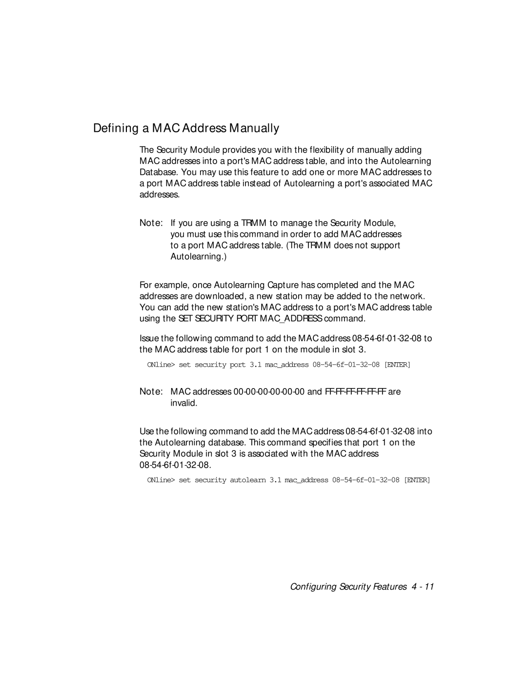 3Com 5112M-TPLS installation and operation guide Defining a MAC Address Manually 