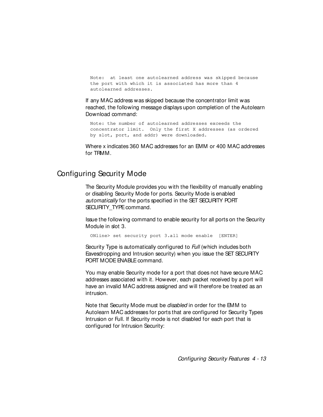 3Com 5112M-TPLS installation and operation guide Configuring Security Mode 