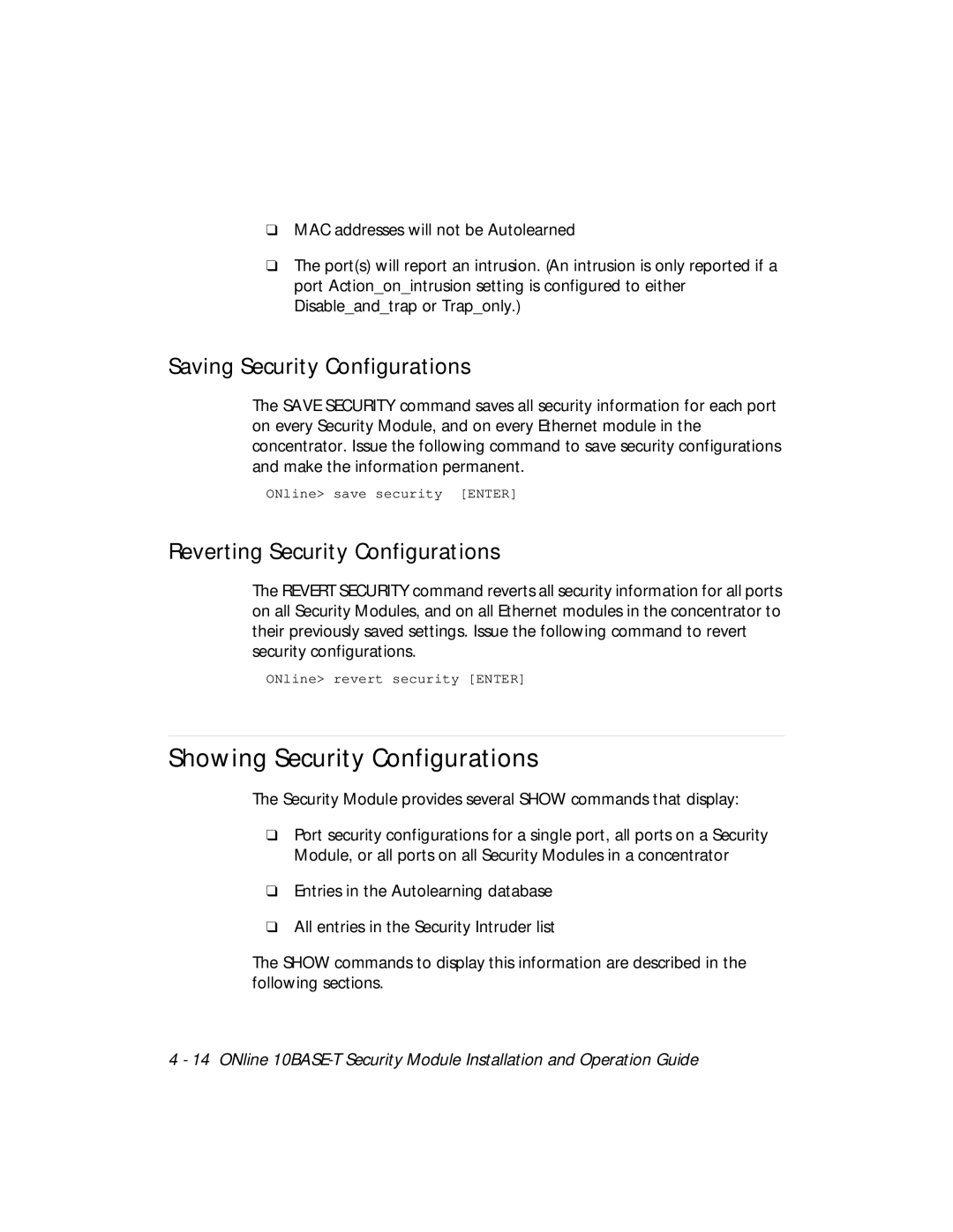 3Com 5112M-TPLS Showing Security Configurations, Saving Security Configurations, Reverting Security Configurations 