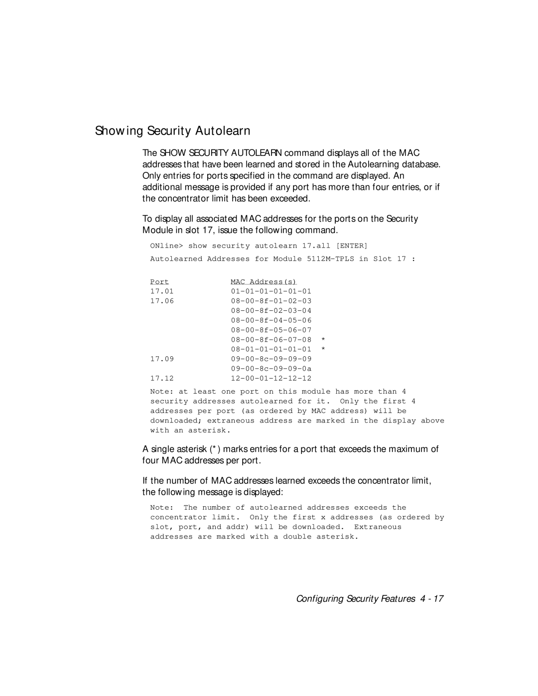 3Com 5112M-TPLS installation and operation guide Showing Security Autolearn 