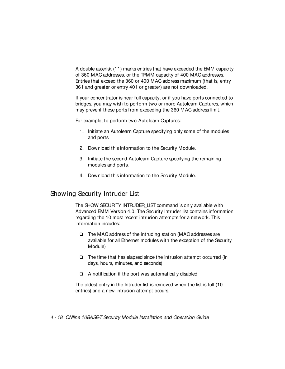 3Com 5112M-TPLS installation and operation guide Showing Security Intruder List 