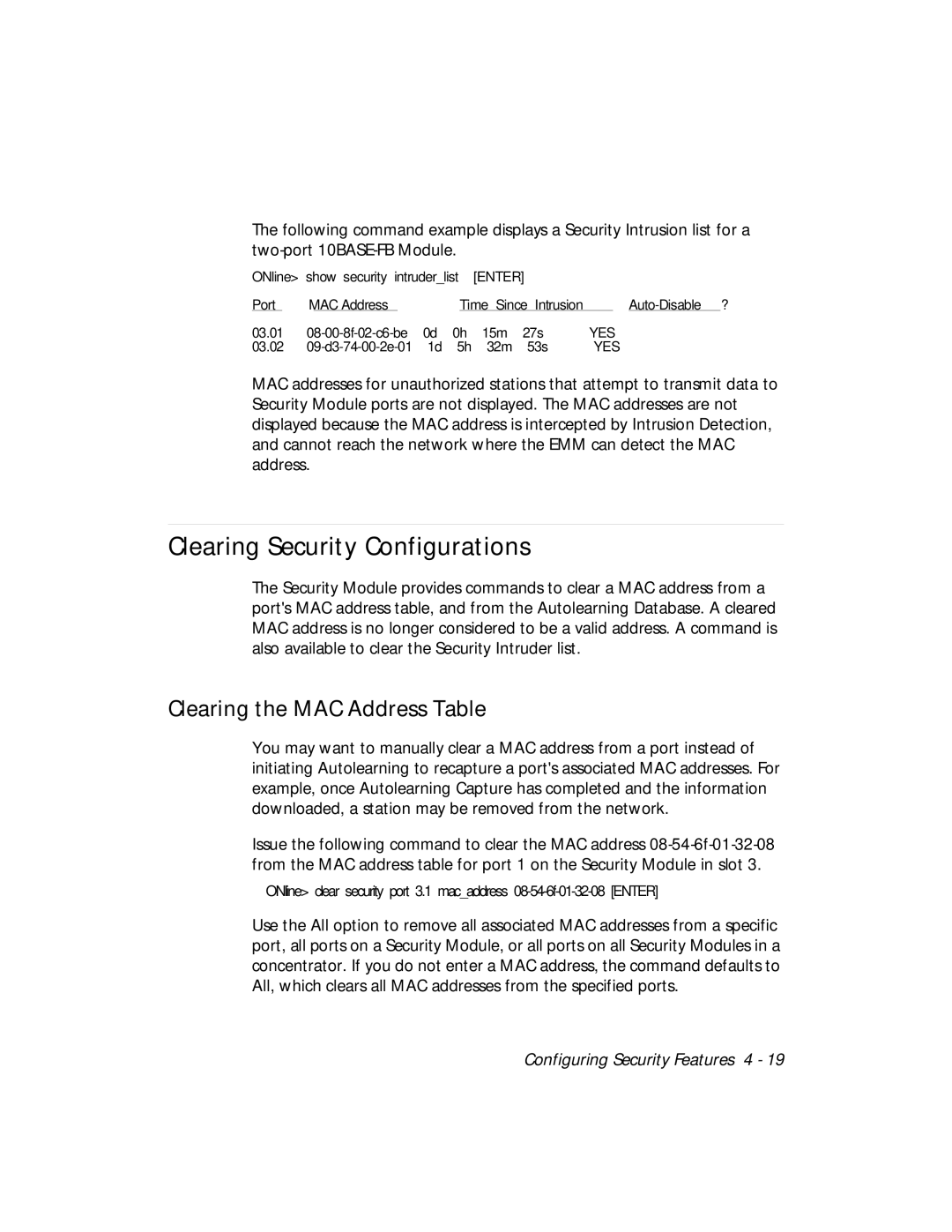 3Com 5112M-TPLS installation and operation guide Clearing Security Configurations, Clearing the MAC Address Table 