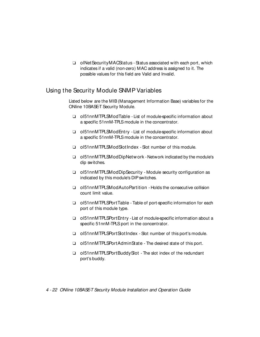 3Com 5112M-TPLS installation and operation guide Using the Security Module Snmp Variables 