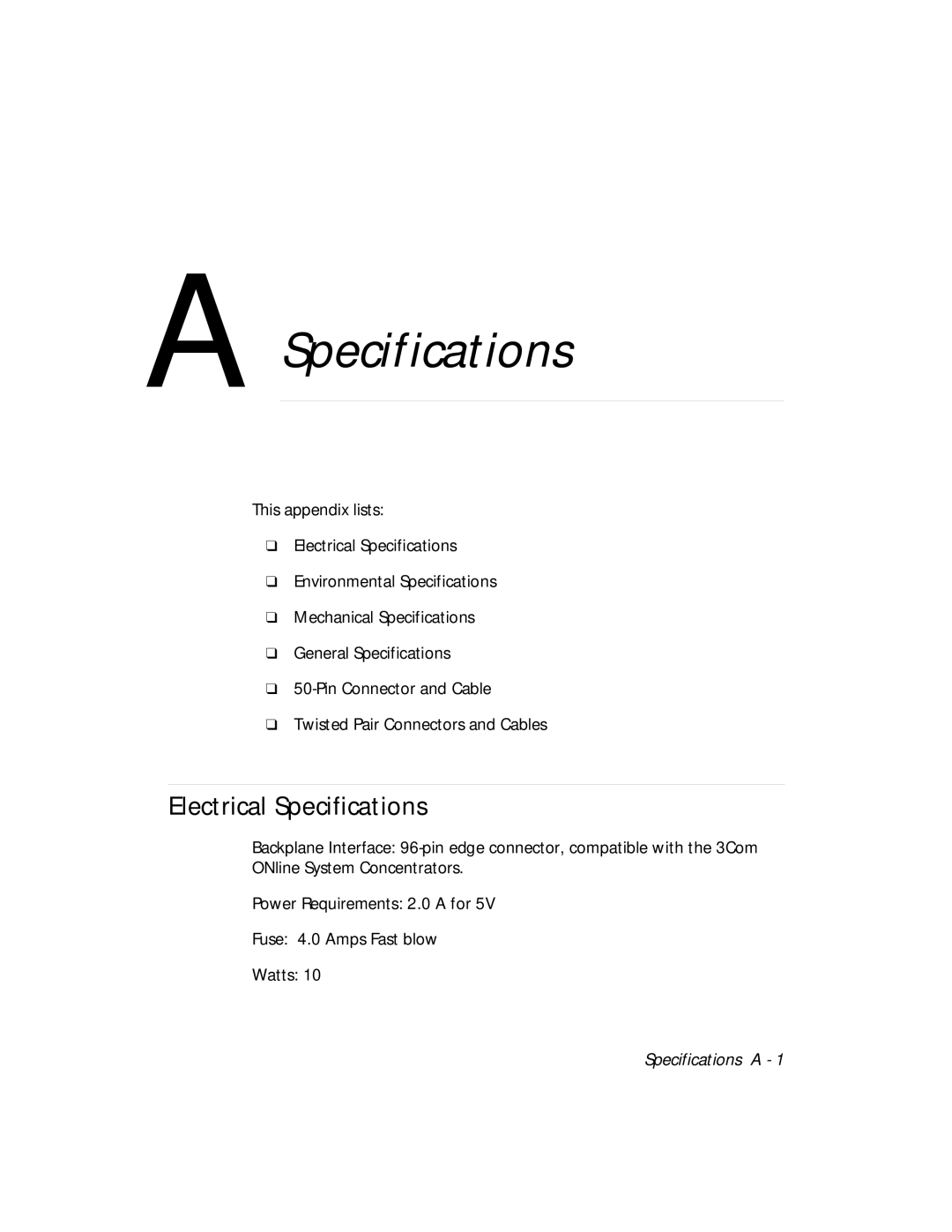 3Com 5112M-TPLS installation and operation guide Electrical Specifications 