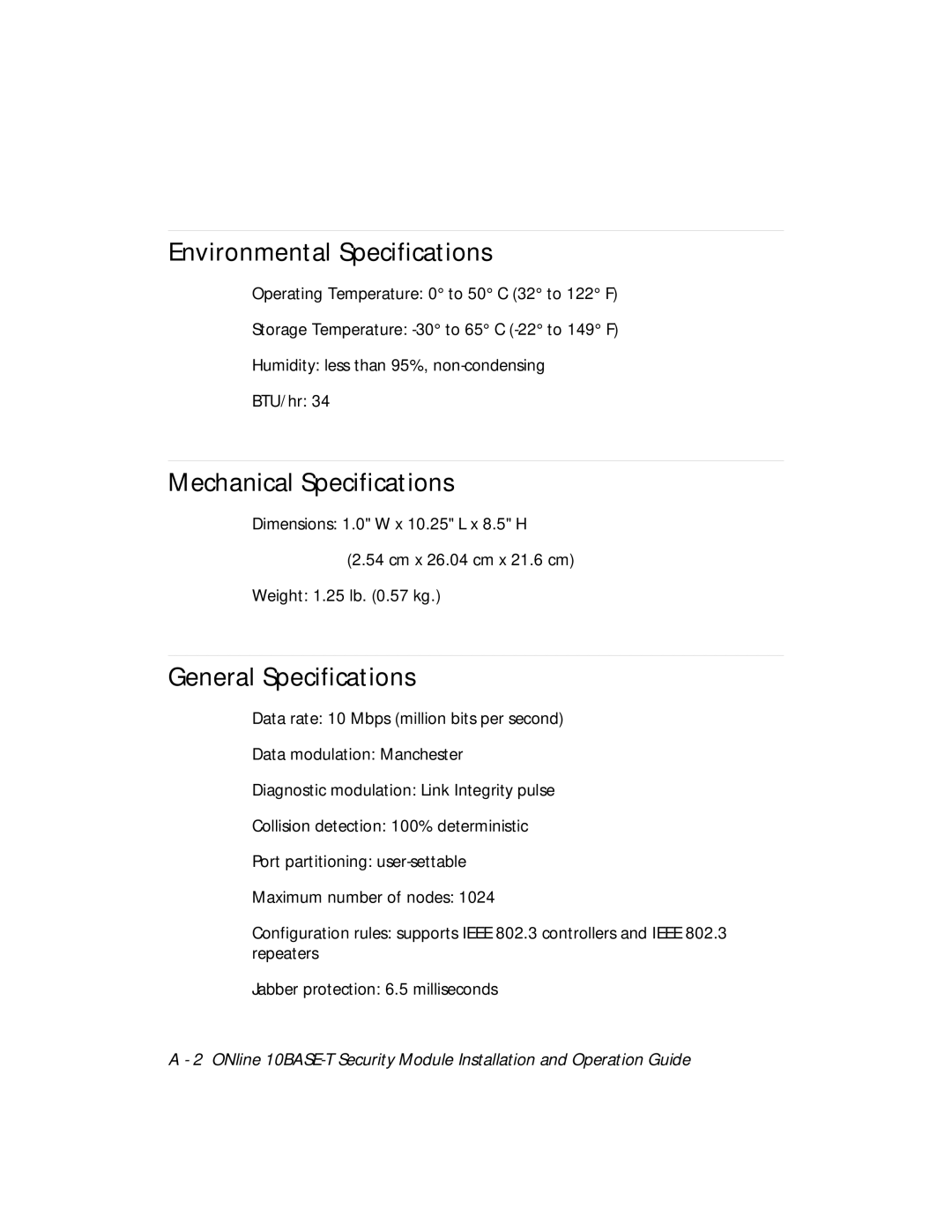 3Com 5112M-TPLS Environmental Specifications, Mechanical Specifications, General Specifications 