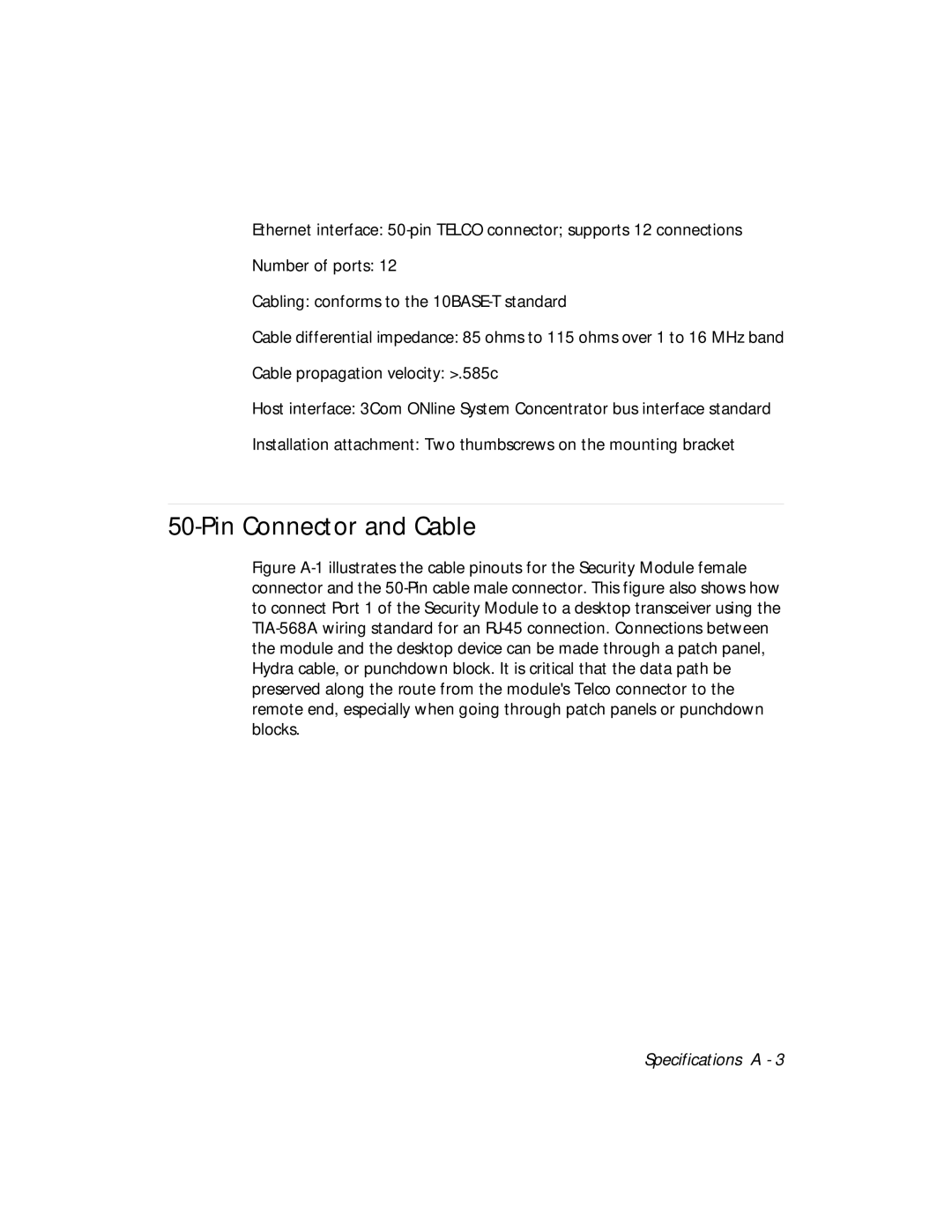 3Com 5112M-TPLS installation and operation guide Pin Connector and Cable 