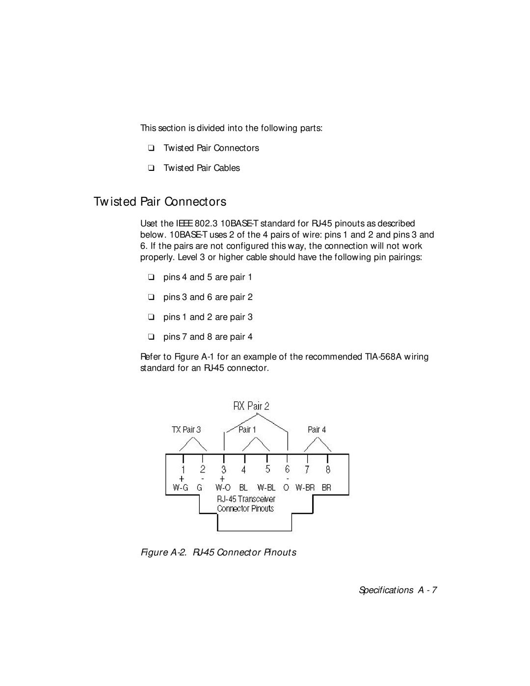 3Com 5112M-TPLS installation and operation guide Twisted Pair Connectors, Figure A-2. RJ-45 Connector Pinouts 