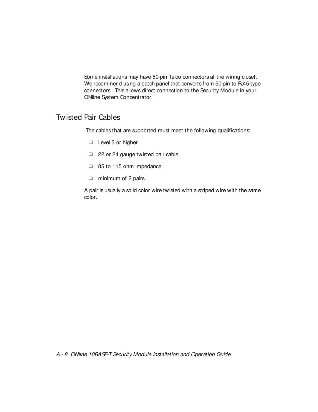 3Com 5112M-TPLS installation and operation guide Twisted Pair Cables 