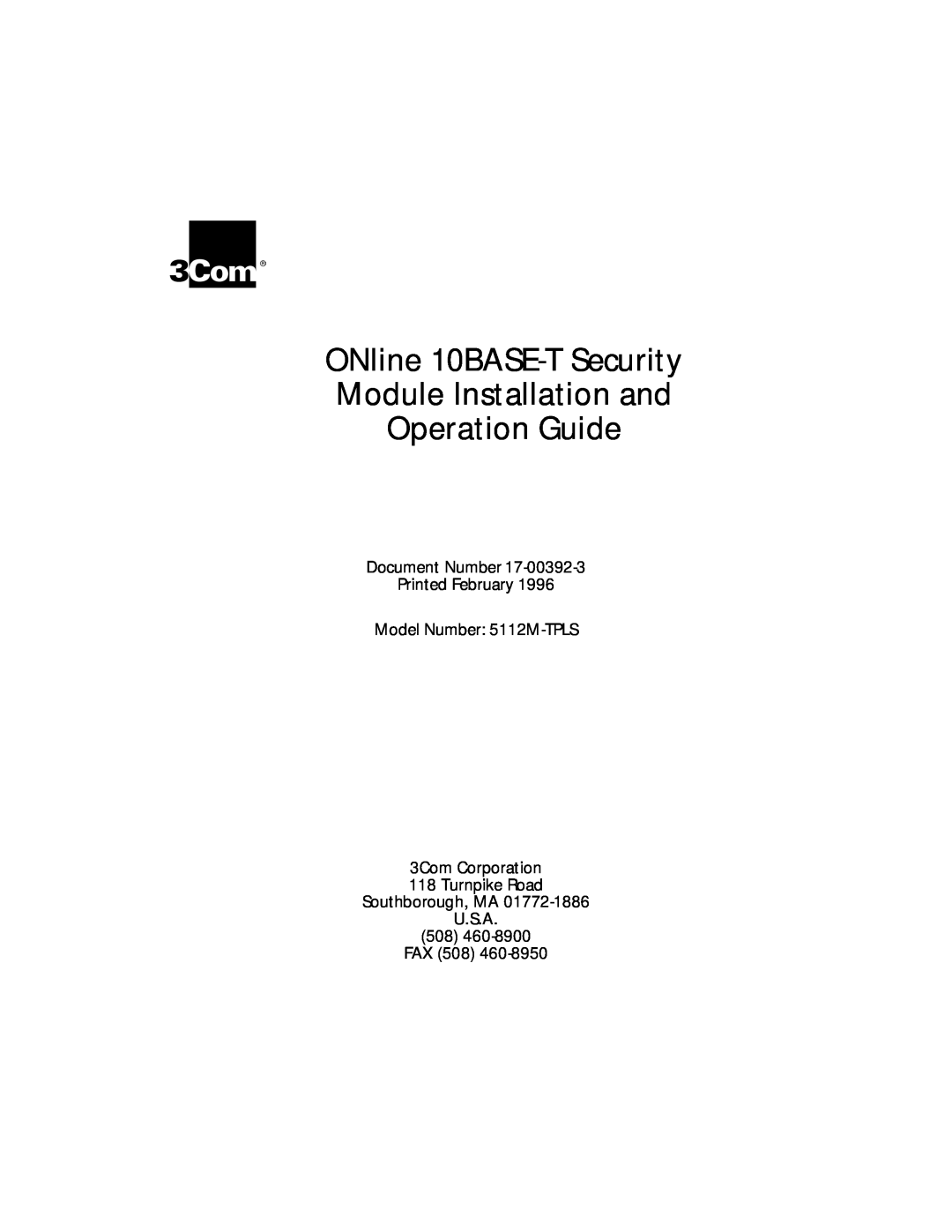 3Com 5112M-TPLS installation and operation guide ONline 10BASE-T Security Module Installation and Operation Guide 