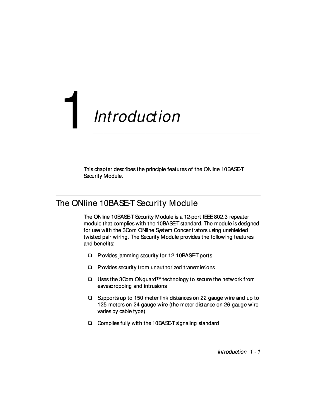 3Com 5112M-TPLS installation and operation guide The ONline 10BASE-T Security Module, Introduction 1 