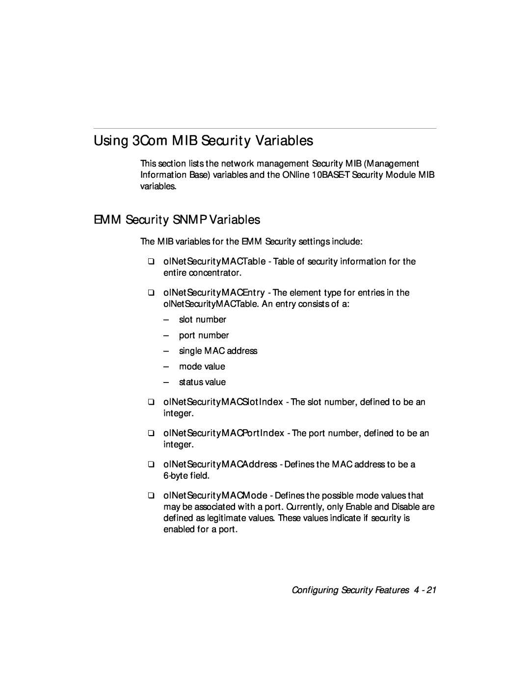 3Com 5112M-TPLS Using 3Com MIB Security Variables, EMM Security SNMP Variables, Configuring Security Features 4 
