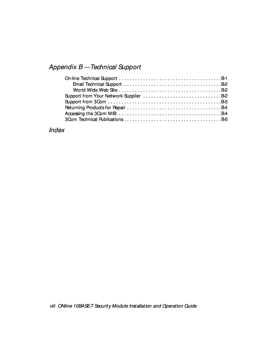 3Com 5112M-TPLS installation and operation guide Appendix B - Technical Support, Index 