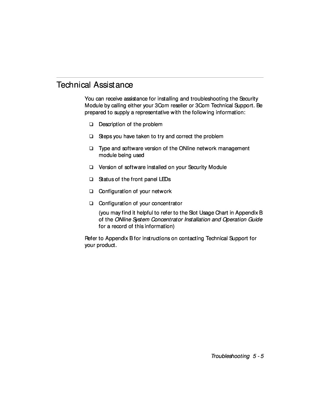 3Com 5112M-TPLS installation and operation guide Technical Assistance, Troubleshooting 5 