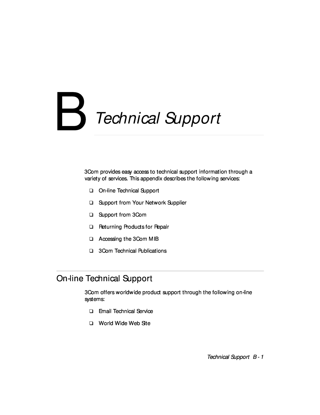3Com 5112M-TPLS installation and operation guide B Technical Support, On-line Technical Support, Technical Support B 