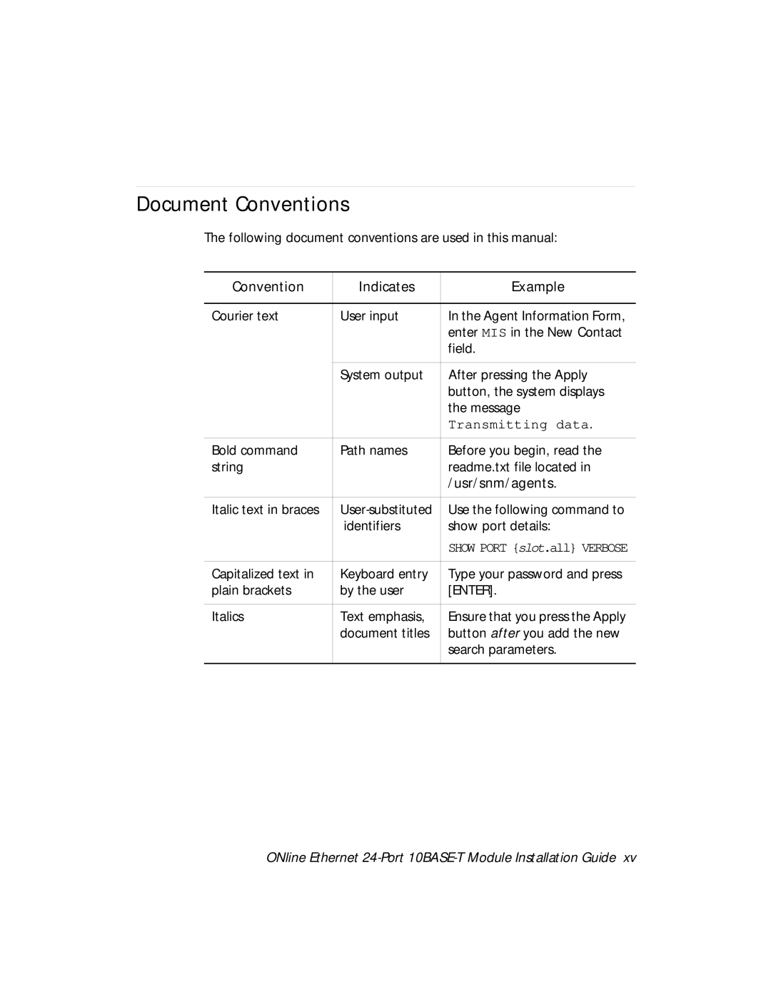 3Com 5124M-TPCL manual Document Conventions, Convention Indicates Example, Usr/snm/agents 