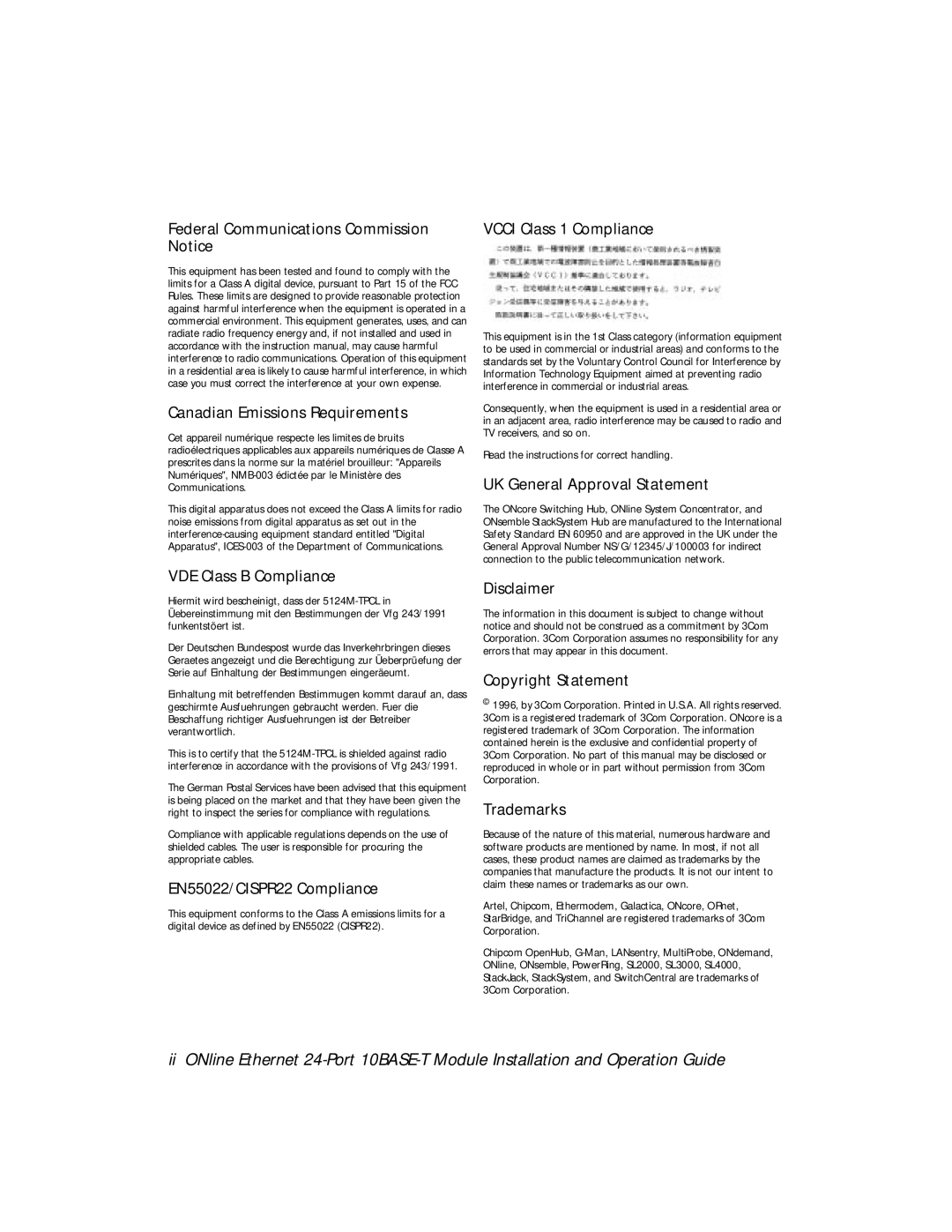 3Com 5124M-TPCL manual VDE Class B Compliance 