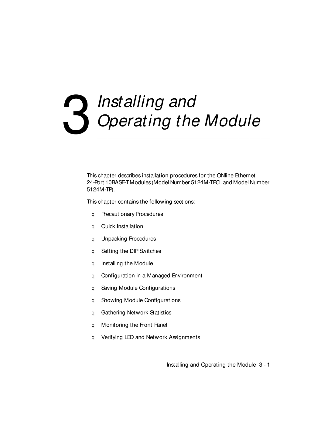 3Com 5124M-TPCL manual Installing and Operating the Module 