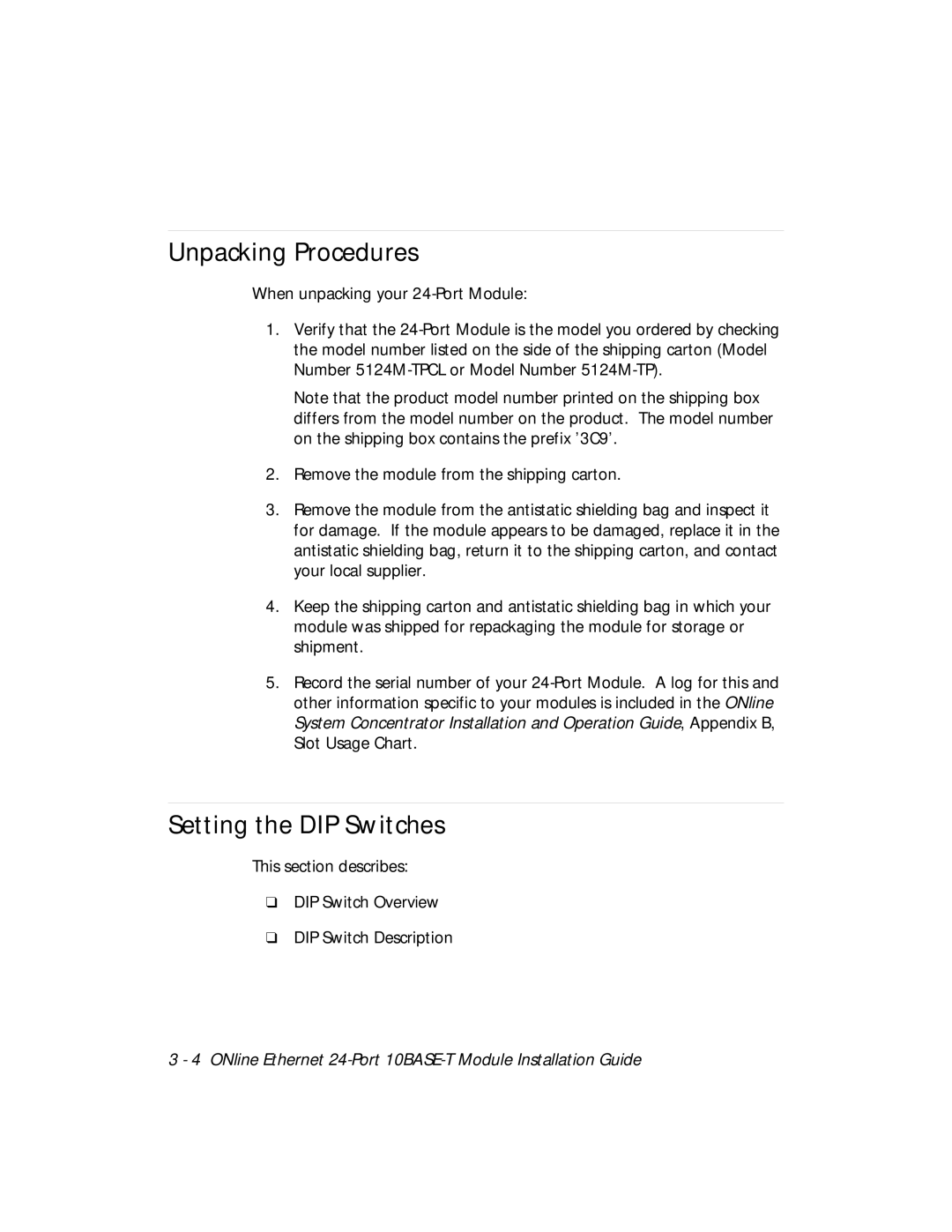 3Com 5124M-TPCL manual Unpacking Procedures, Setting the DIP Switches 