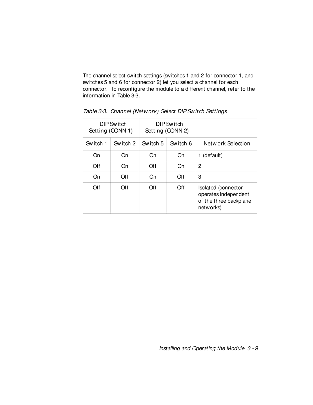 3Com 5124M-TPCL manual Channel Network Select DIP Switch Settings, DIP Switch Setting Conn, Network Selection 