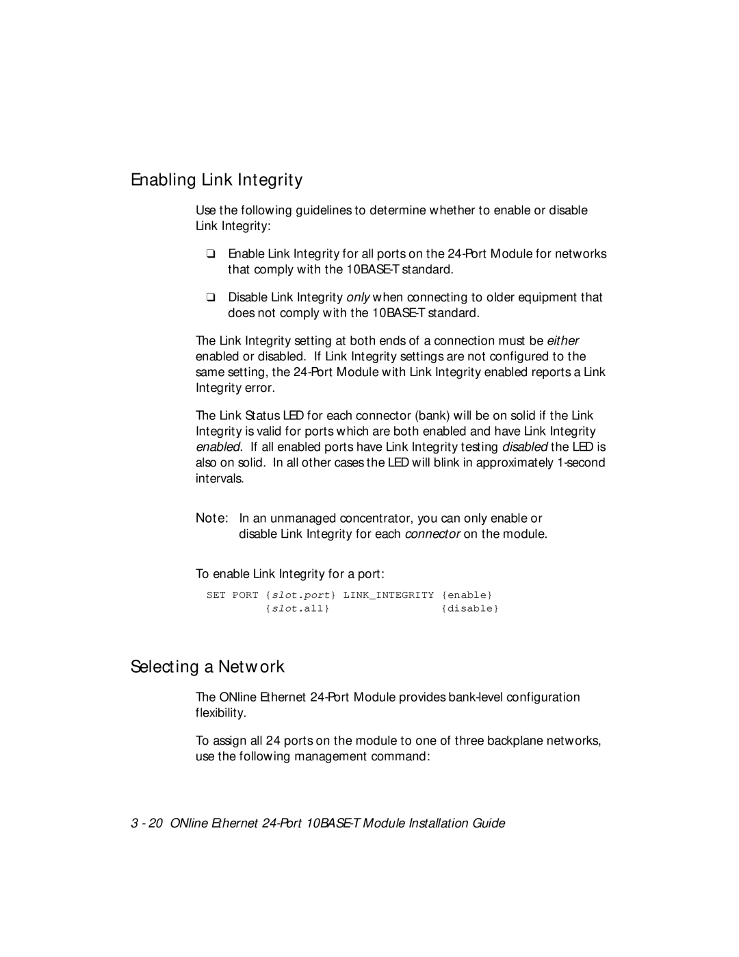 3Com 5124M-TPCL manual Enabling Link Integrity, Selecting a Network 