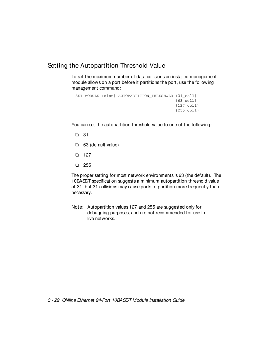 3Com 5124M-TPCL manual Setting the Autopartition Threshold Value 