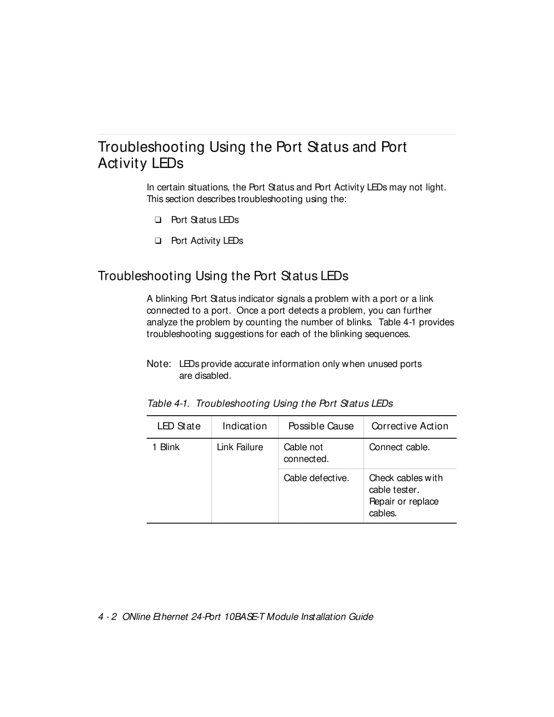 3Com 5124M-TPCL manual Troubleshooting Using the Port Status LEDs, LED State Indication Possible Cause Corrective Action 