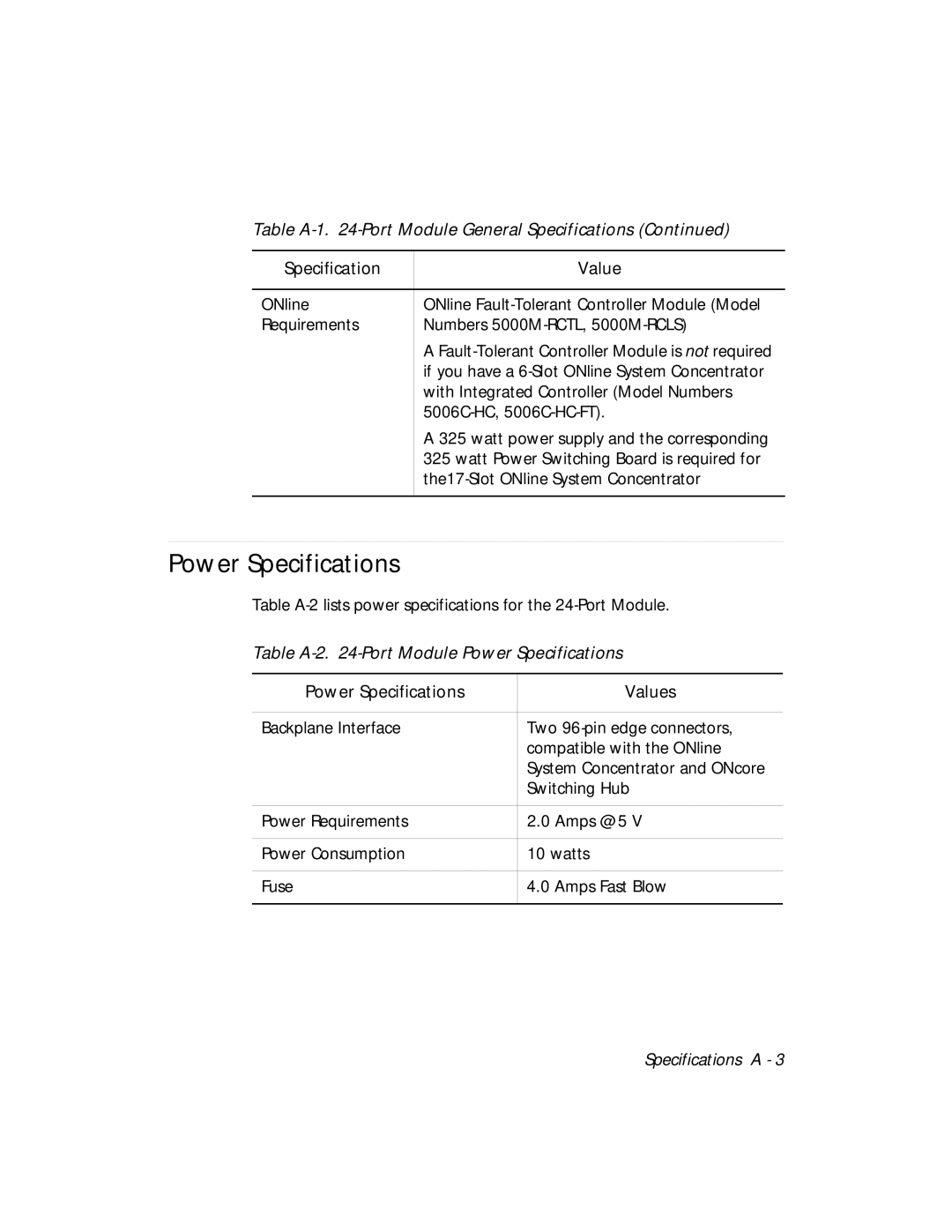 3Com 5124M-TPCL manual Table A-2 -Port Module Power Specifications, Power Specifications Values 