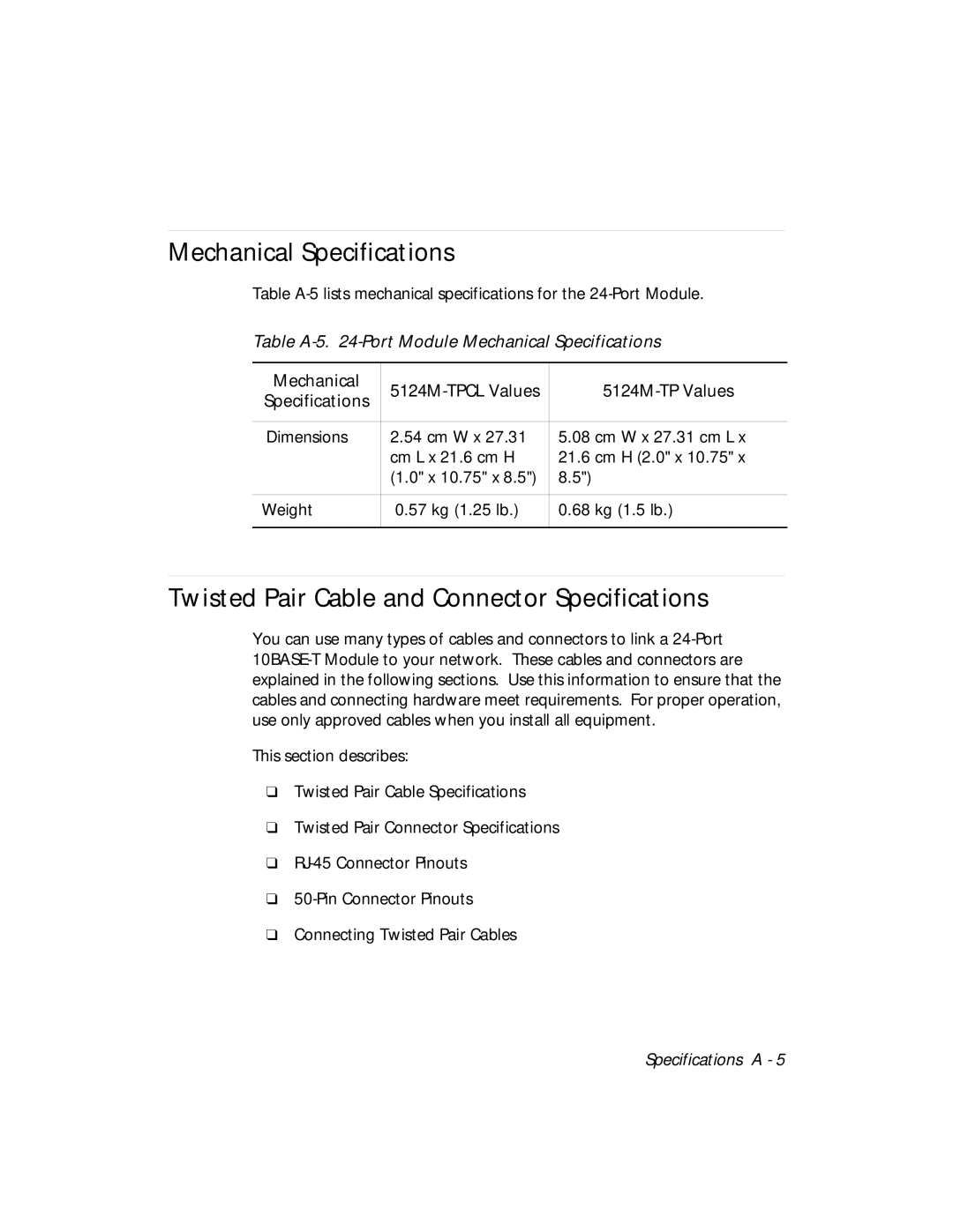 3Com 5124M-TPCL manual Mechanical Specifications, Twisted Pair Cable and Connector Specifications 