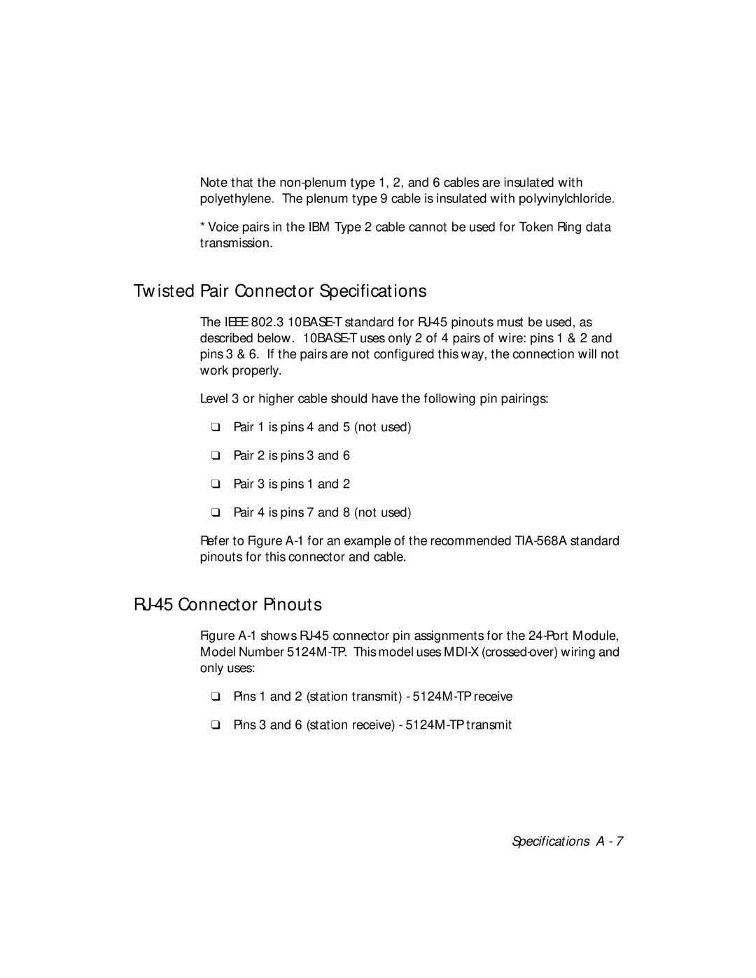 3Com 5124M-TPCL manual Twisted Pair Connector Specifications, RJ-45 Connector Pinouts 