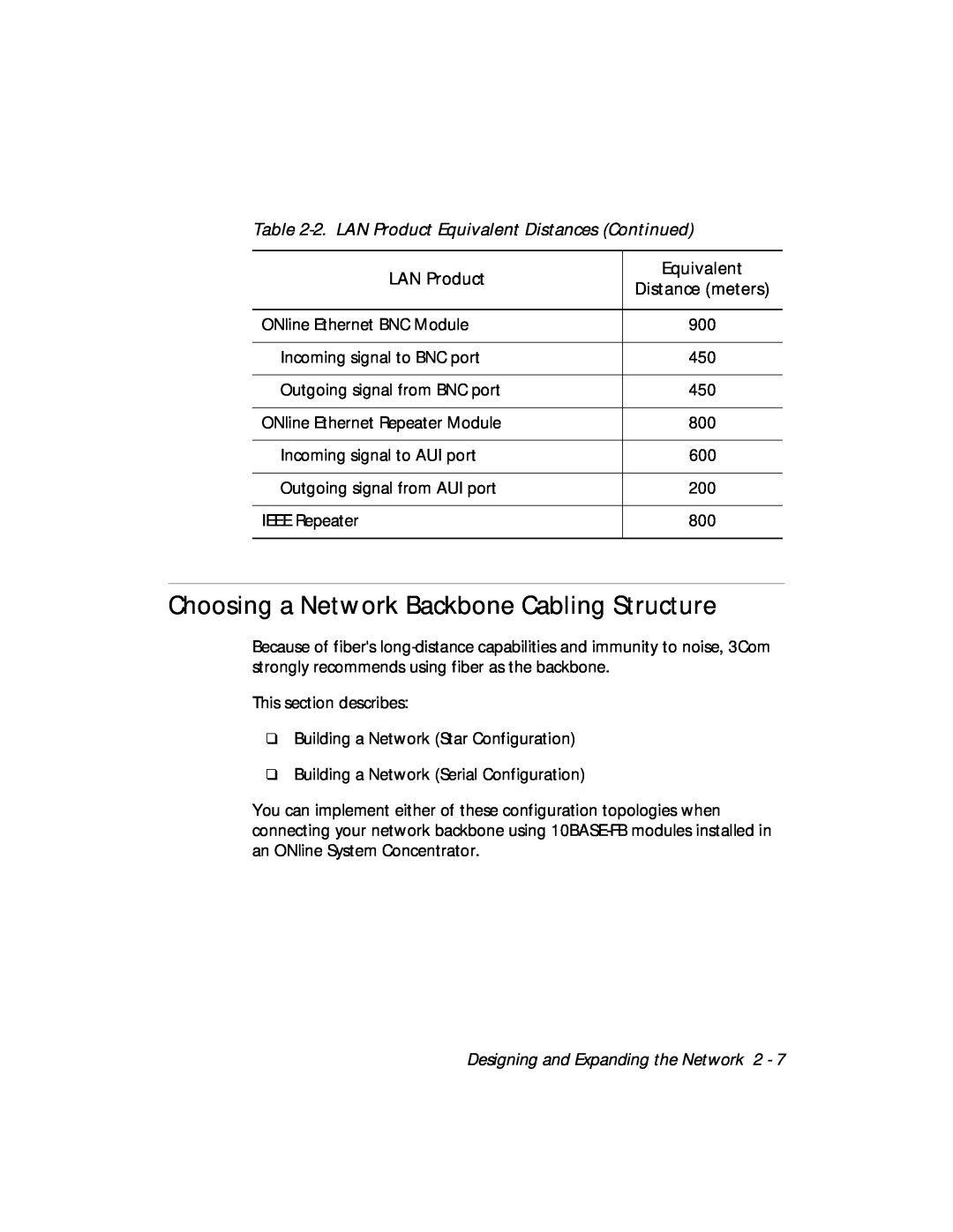 3Com 5124M-TPCL manual Choosing a Network Backbone Cabling Structure, 2. LAN Product Equivalent Distances Continued 