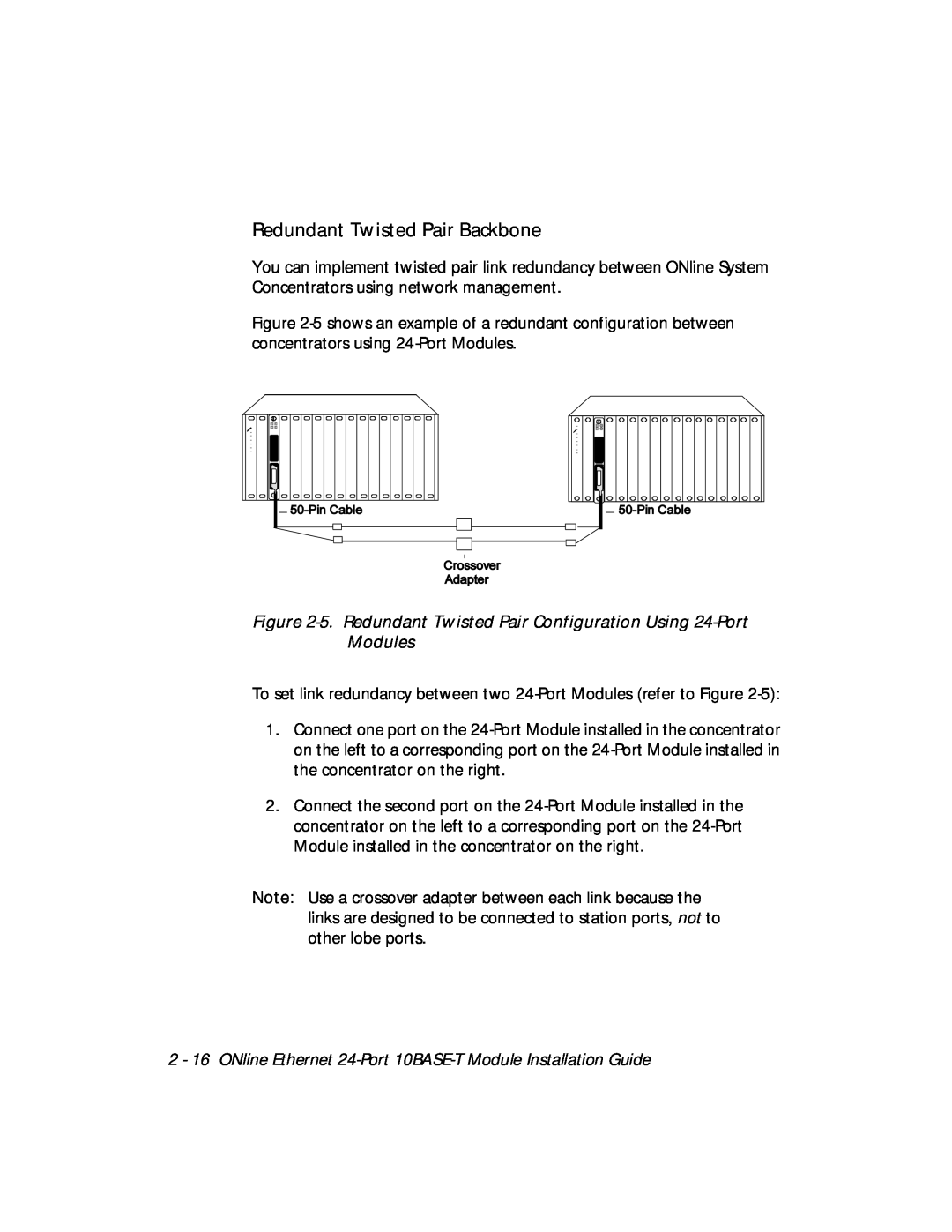 3Com 5124M-TPCL manual Redundant Twisted Pair Backbone, 2 - 16 ONline Ethernet 24-Port 10BASE-T Module Installation Guide 