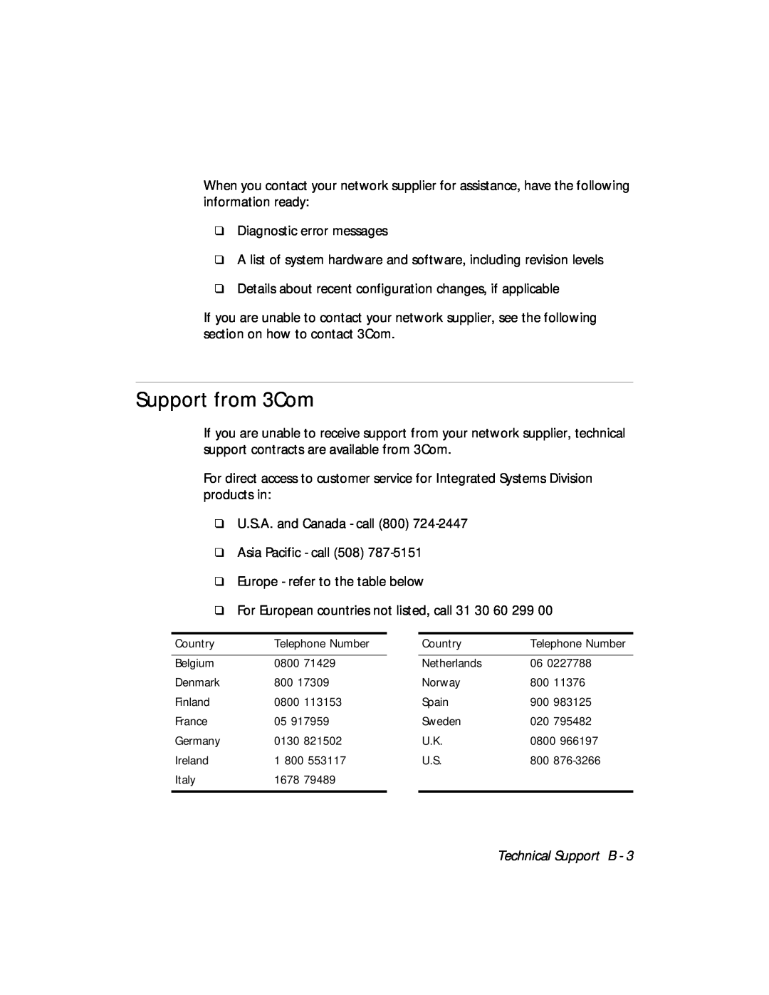 3Com 5124M-TPCL manual Support from 3Com, Technical Support B 