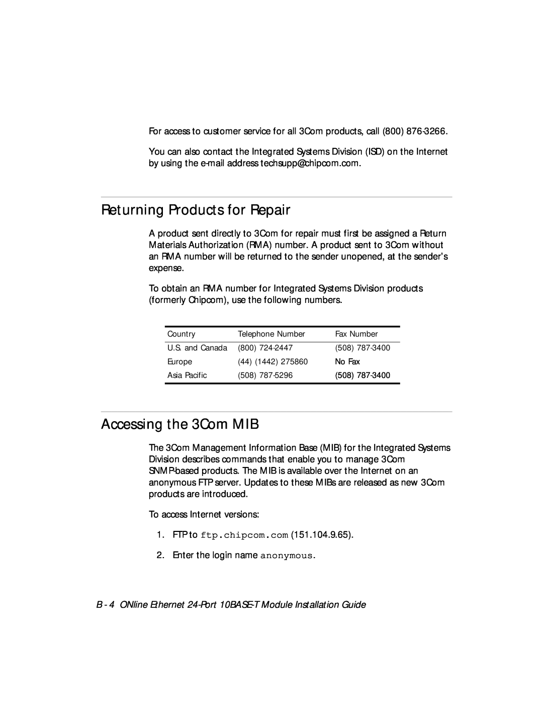 3Com 5124M-TPCL manual Returning Products for Repair, Accessing the 3Com MIB 