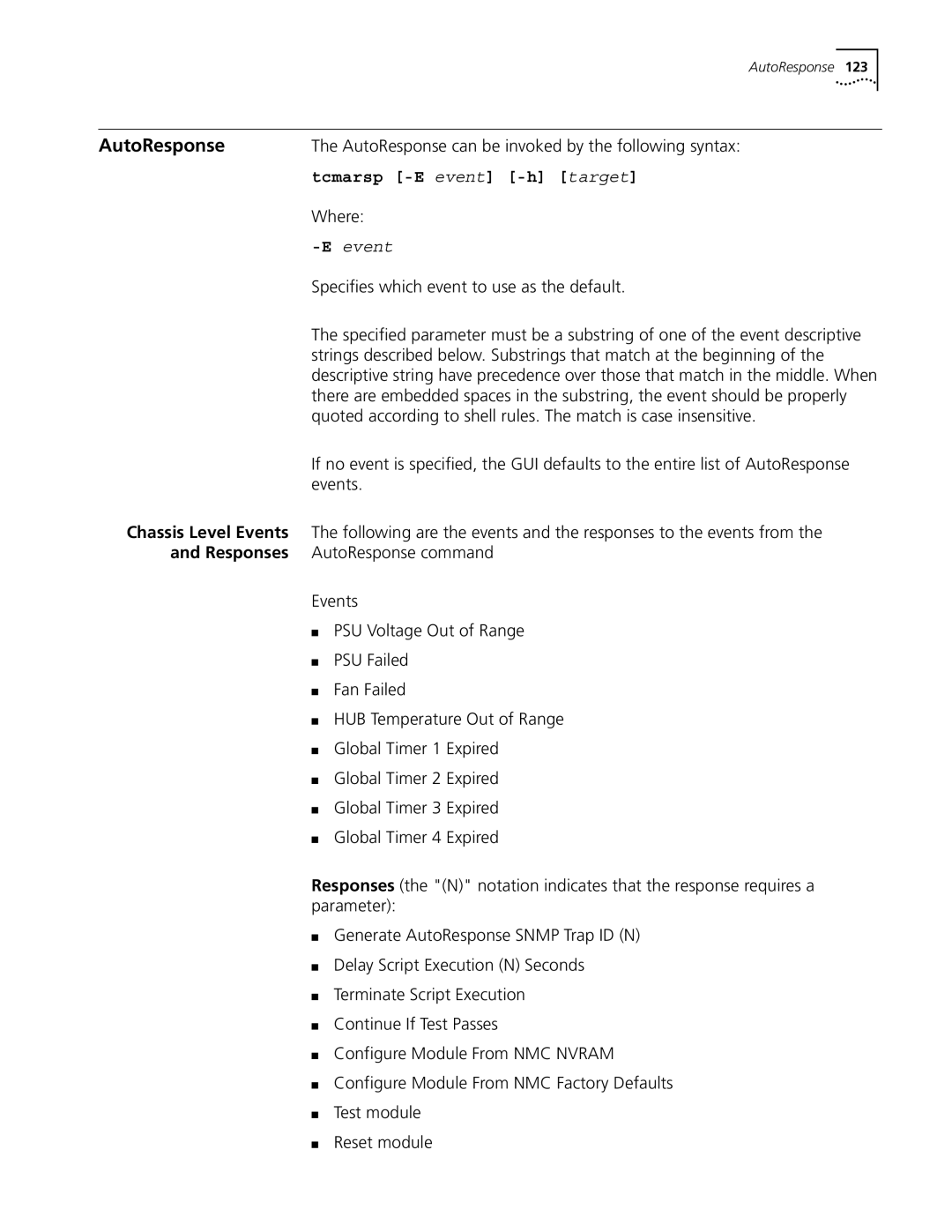 3Com 5210 manual AutoResponse, Tcmarsp -E event -h target, Eevent, Chassis Level Events, Responses 